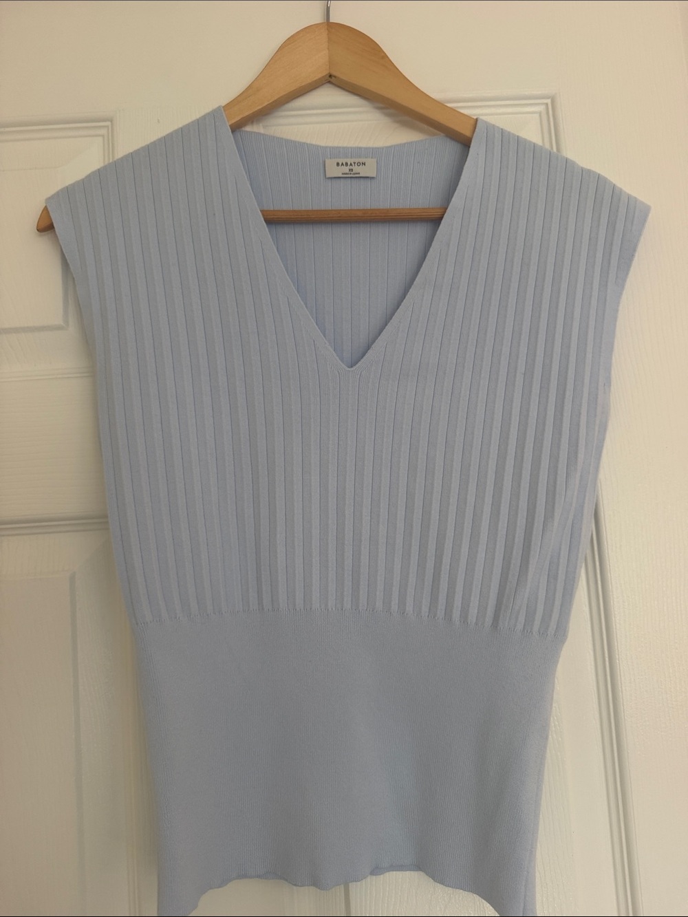 Babaton Pale Blue Ribbed V-Neck Knit Dress